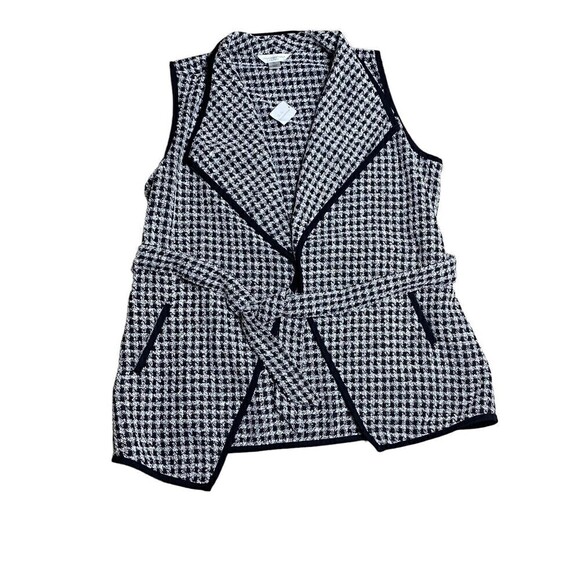 CJ Banks Belted Vest Pockets Houndstooth Sleeveless Petite Large Black White - Picture 2 of 10